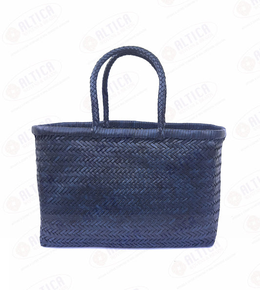 Genuine Leather Hand Woven Triple Jump Bamboo Style Ladies Tote Bag - CINDRELLA - NAVY