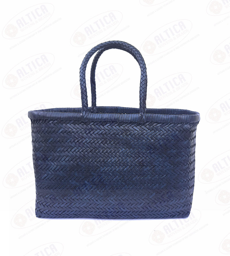 真皮手工编织三级跳远竹子风格女士手提包 - 灰姑娘 - 海军蓝