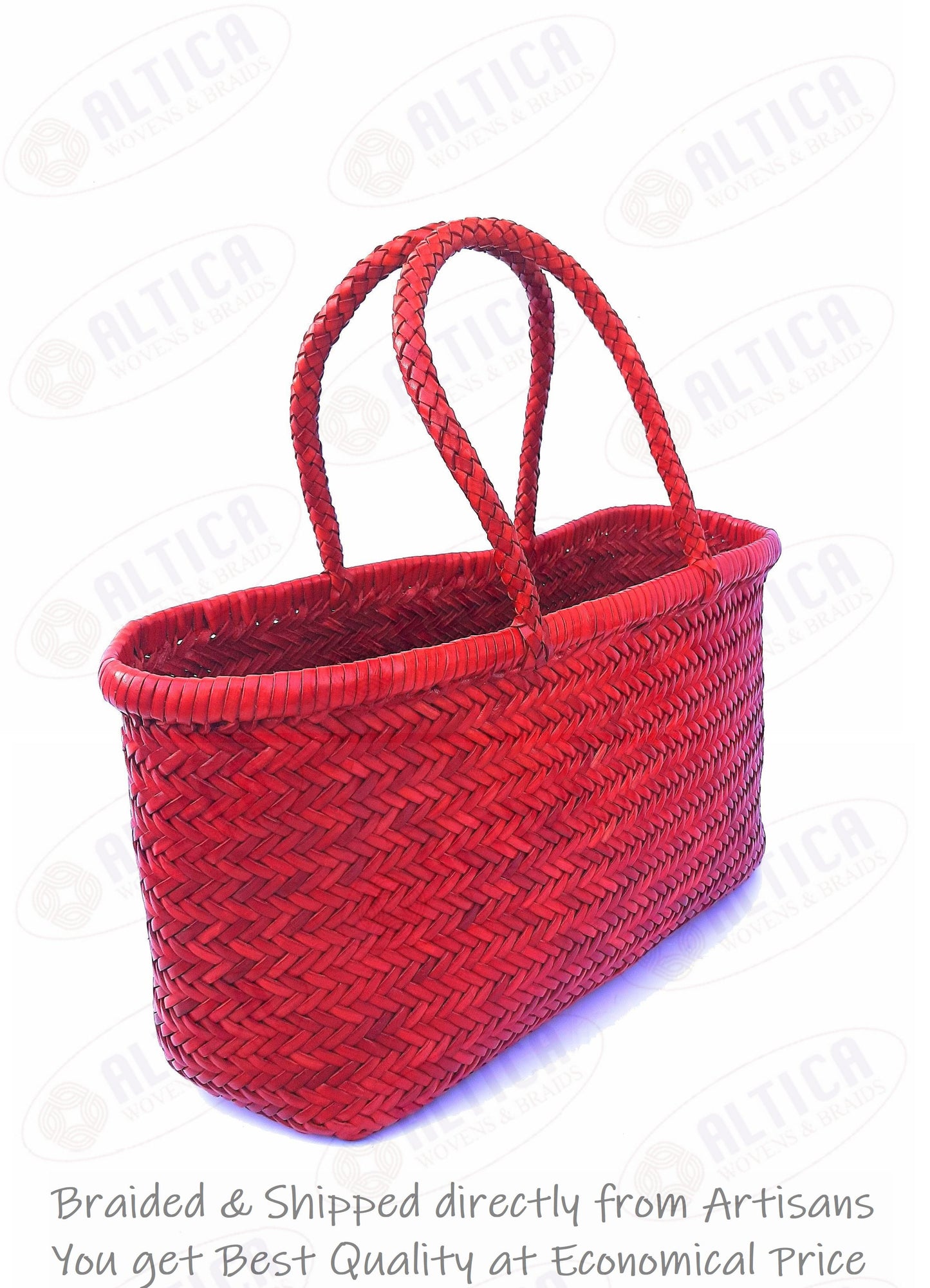 Genuine Leather Hand Woven Triple Jump Bamboo Style Ladies Tote Bag - CINDRELLA - RED