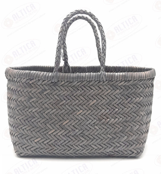 Genuine Leather Hand Woven Triple Jump Bamboo Style Ladies Tote Bag - CINDRELLA - STEEL GRAY
