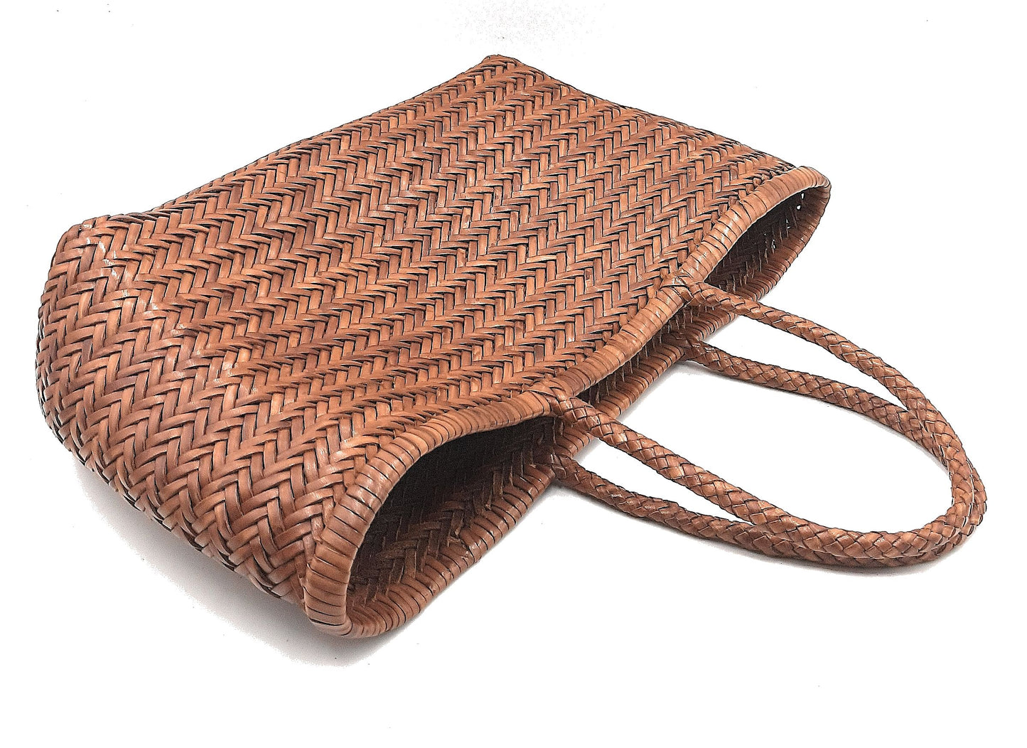 Genuine Leather Hand Woven Triple Jump Bamboo Style Ladies Tote Bag - CINDRELLA - TAN