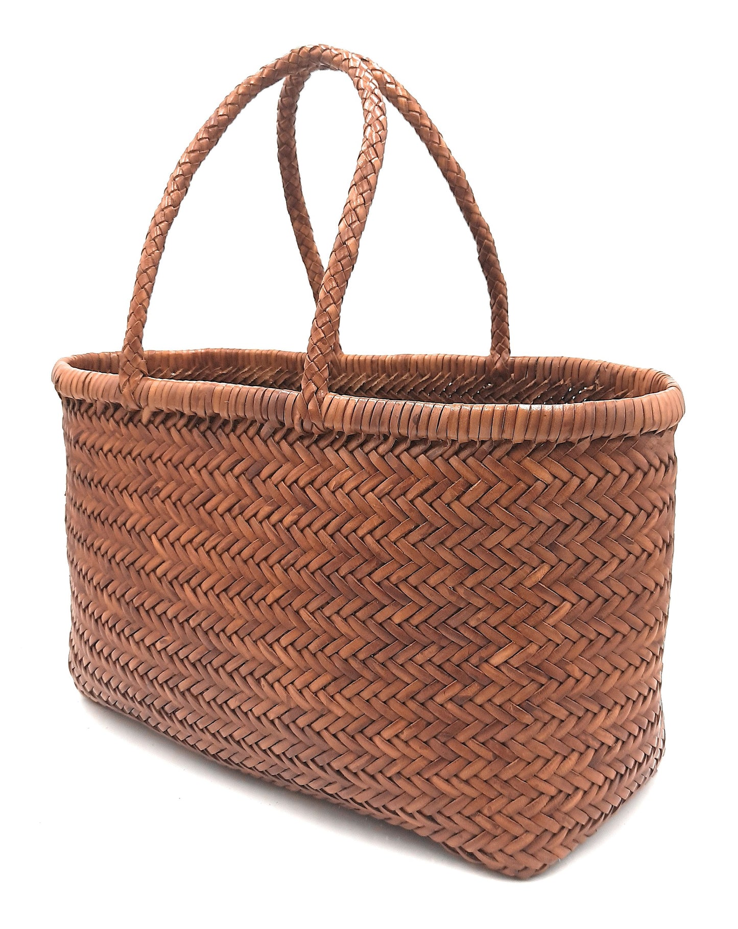 Genuine Leather Hand Woven Triple Jump Bamboo Style Ladies Tote Bag - CINDRELLA - TAN