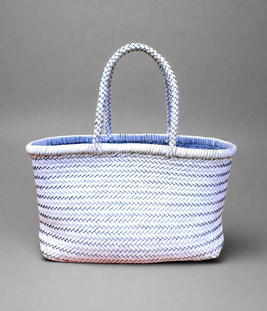 Genuine Leather Hand Woven Triple Jump Bamboo Style Ladies Tote Bag - CINDRELLA - WHITE