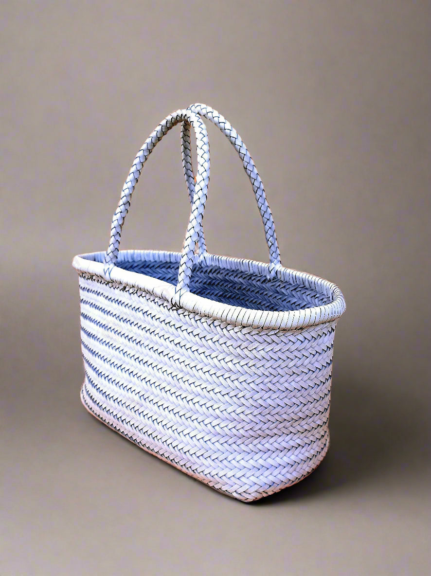 Genuine Leather Hand Woven Triple Jump Bamboo Style Ladies Tote Bag - CINDRELLA - WHITE