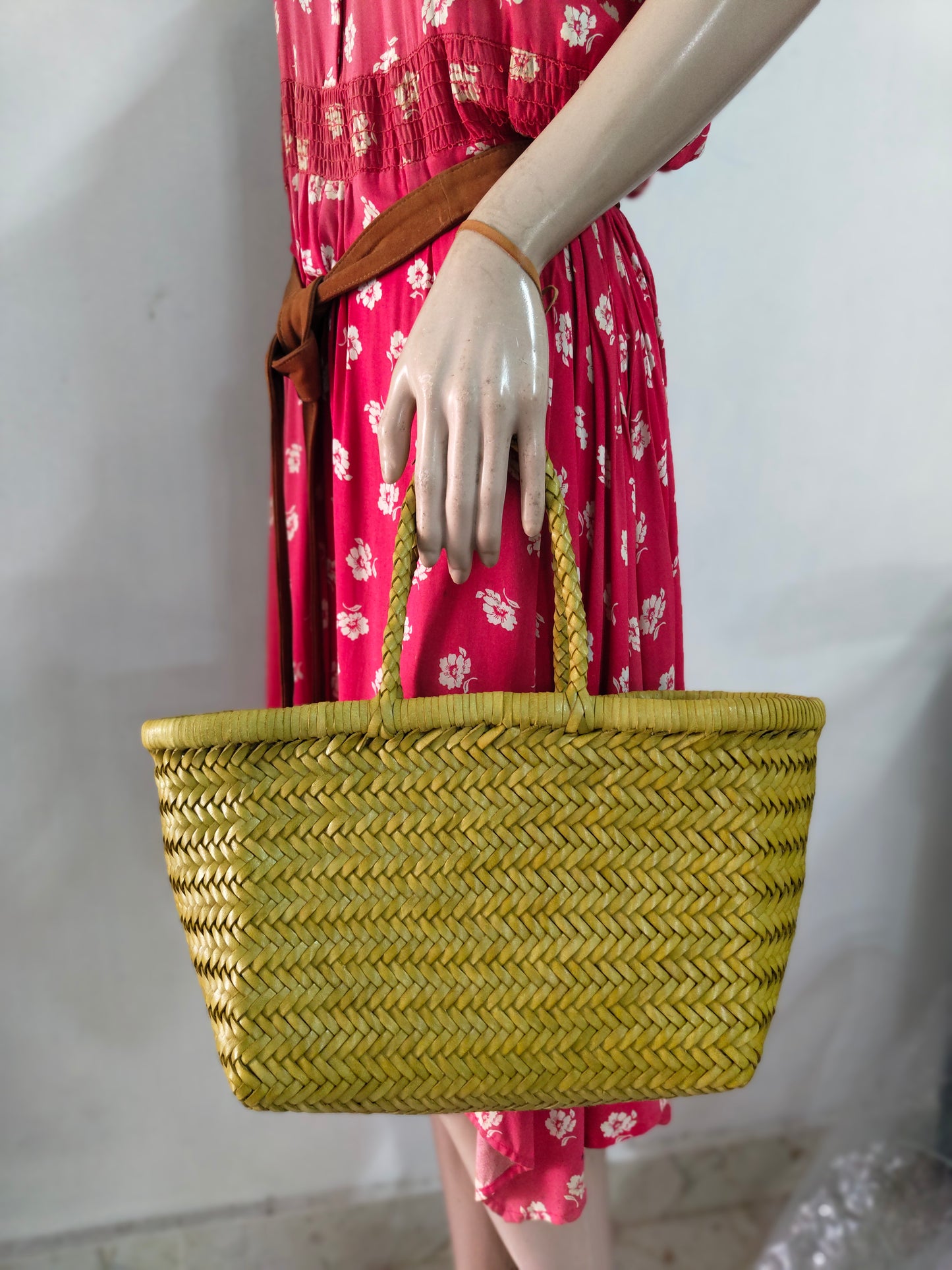 Genuine Leather Hand Woven Triple Jump Bamboo Style Ladies Tote Bag - CINDRELLA - Bamboo Green
