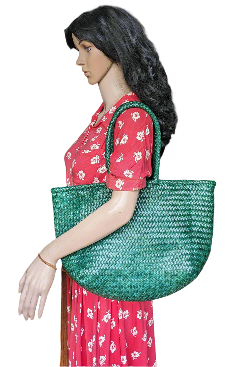 ALTICA Genuine Leather Hand Woven Crosshatch Pattern Ladies Tote Bag - DIACROSS - Forest Green