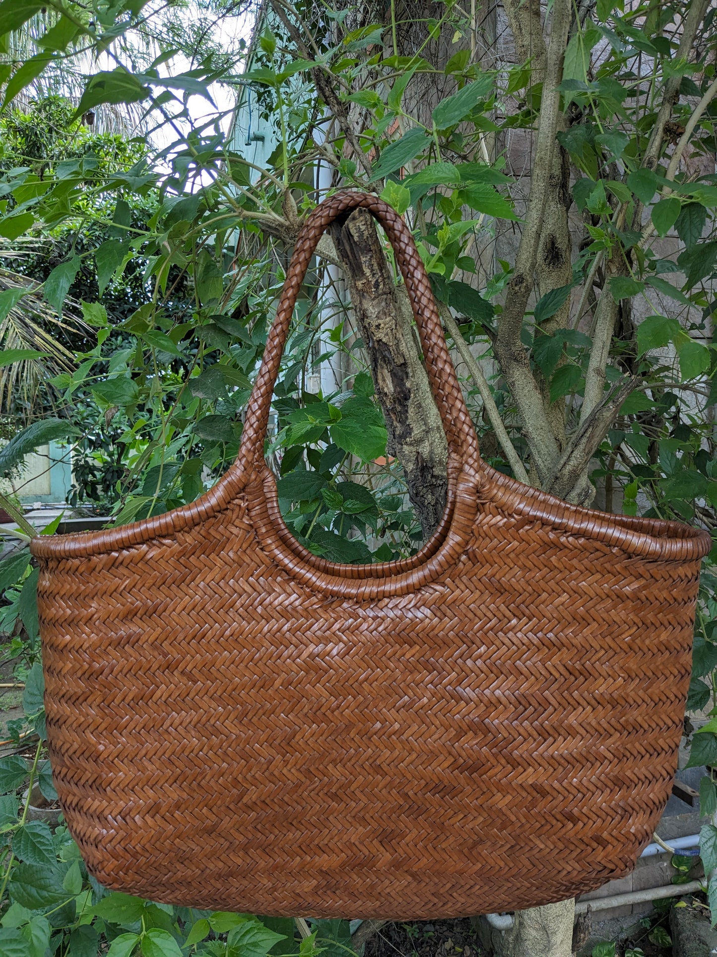Handwoven Genuine Leather Ladies Hobo Bag - MONALISA - Rustic OAK