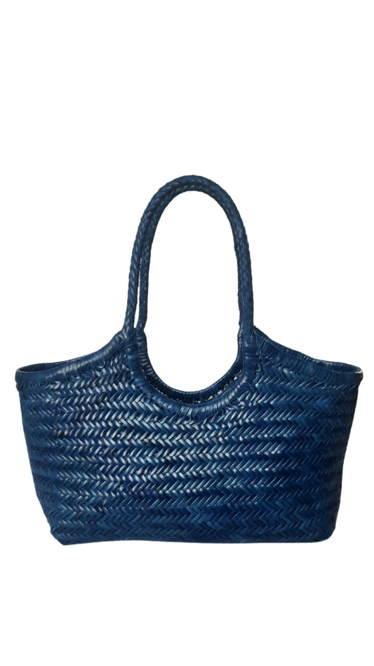 Genuine Leather Hand Woven Ladies Hobo Bag - MONALISA - NAVY