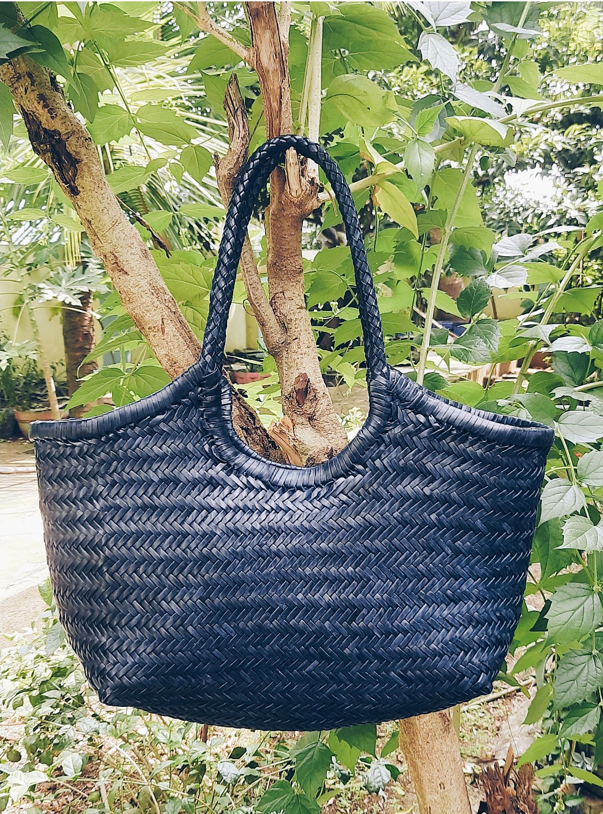 Genuine Leather Hand Woven Ladies Hobo Bag - MONALISA - NAVY