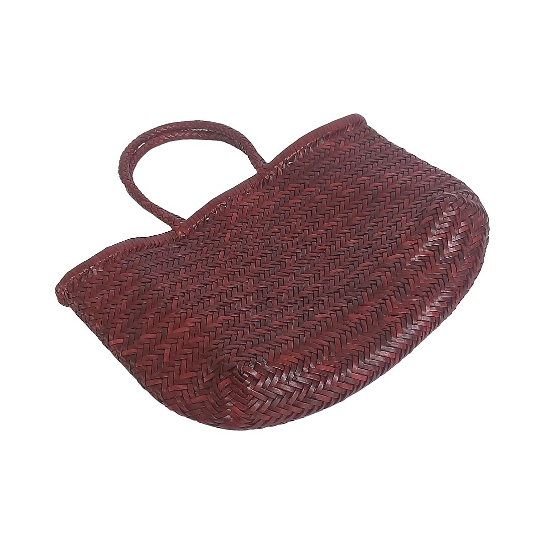 Genuine Leather Hand Woven Triple Jump Bamboo Style Ladies Tote Bag - CINDRELLA - BORDO